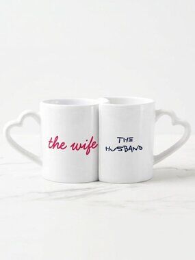 His & Hers Couples Mug Set Heart Handle Ceramic Coffee Cups Wedding Gift
